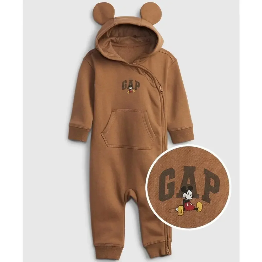 Gap x Disney Mickey Mouse Brown Cozy Fleece One Piece Hooded Romper w/ Ears